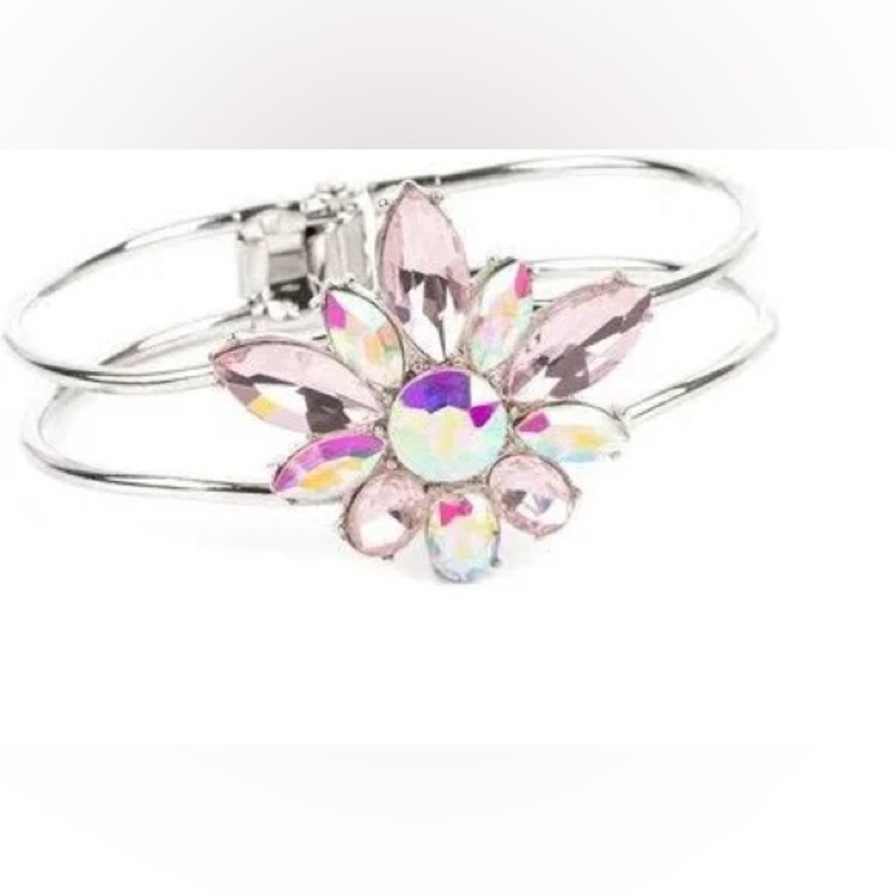 Pink Crystal Flower Cuff Bracelet – Silver Adjustable Bangle for Women - Picture 2 of 2